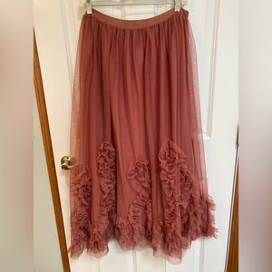 Anthropologie rose colored Ruffled Tulle Midi Skirt, Sz large